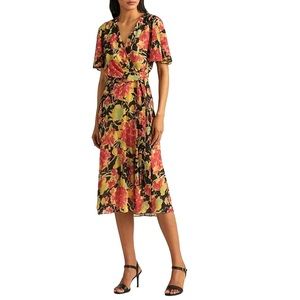 Lauren Ralph Lauren Floral V-Neck Flutter Sleeve Crinkle Georgette Dress Size 10